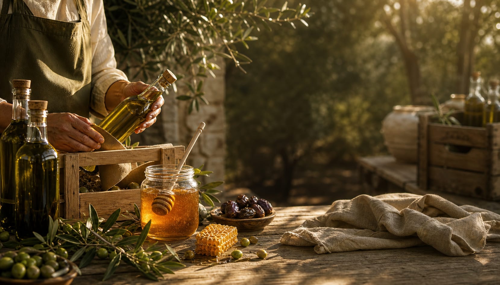 يدان تصبّان زيت الزيتون الطازج قرب جرة عسل وأغصان زيتون في المزرعة