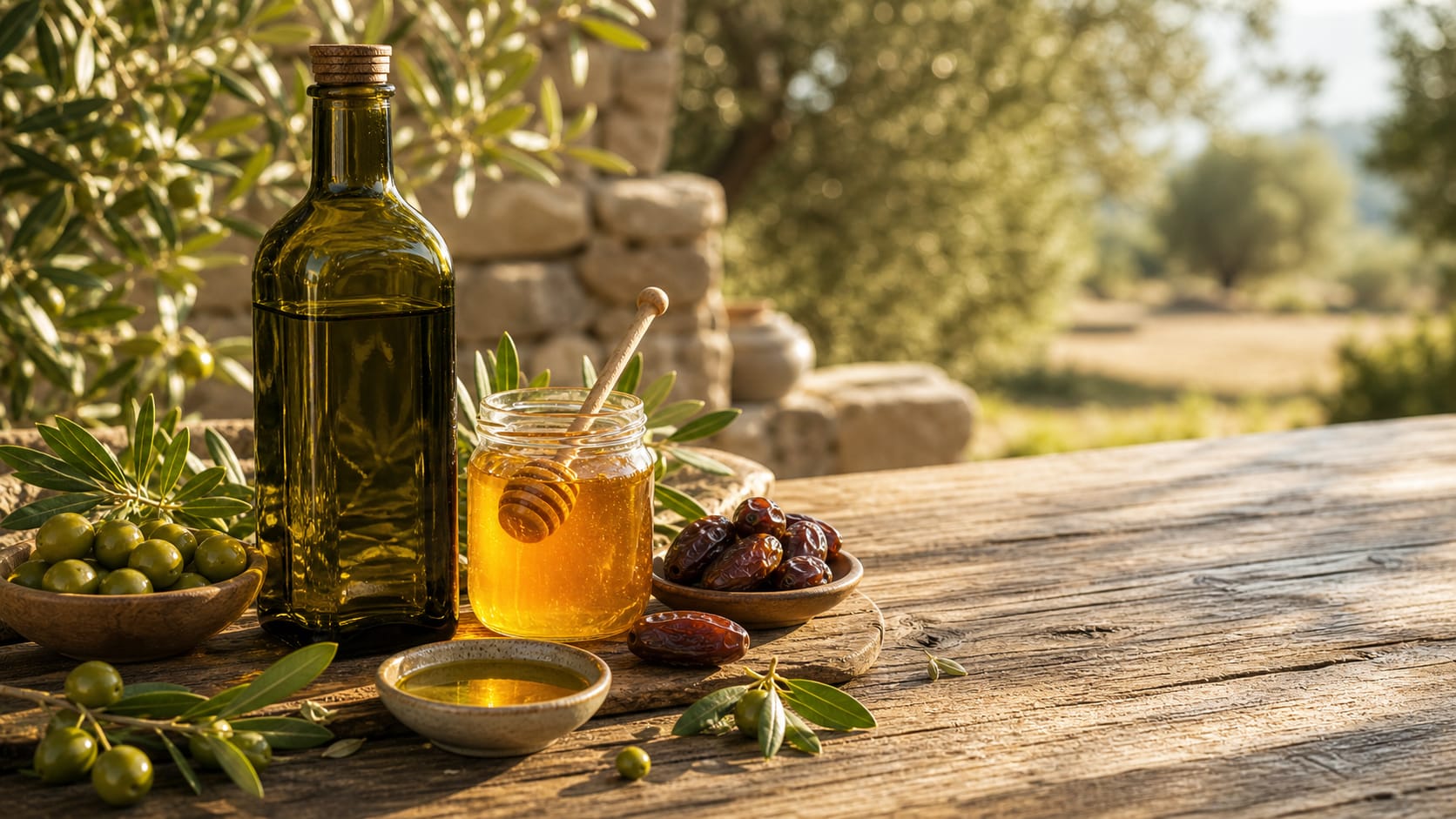 منتجات يانع الطبيعية من زيت زيتون وعسل على طاولة حصاد خشبية دافئة